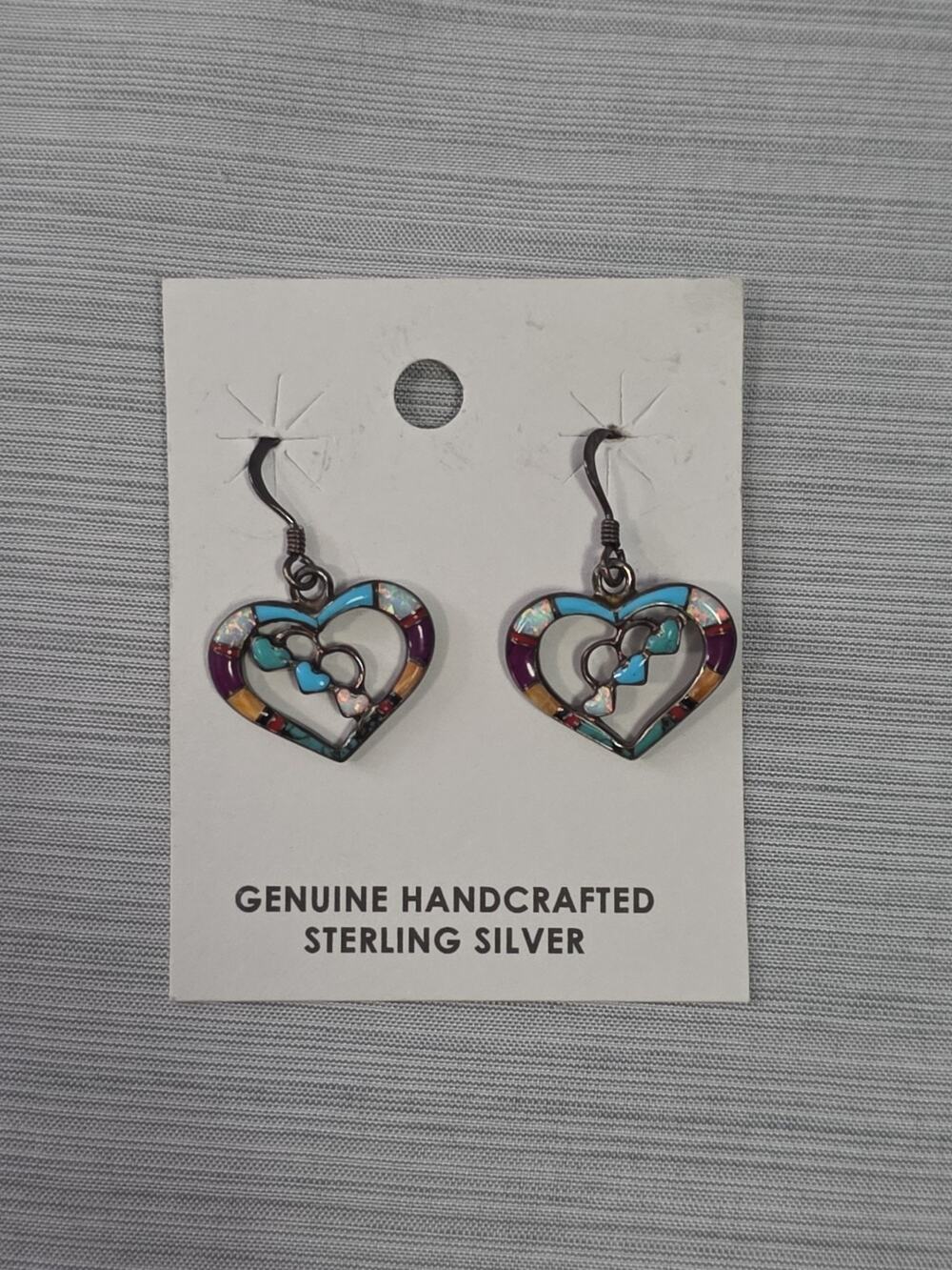 Genuine Handcrafted Sterling Silver Heart Shaped Dangle Earrings Colorful Inlay